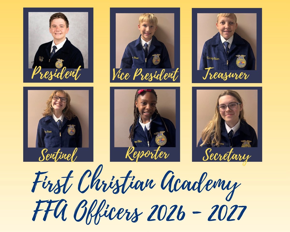 FCA FFA 2026–27 chapter officers in FFA jackets, labeled President, Vice President, Treasurer, Sentinel, Reporter, and Secretary